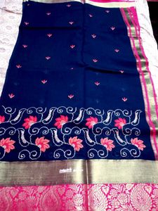 Embroidered Navy Saree with Pink Border
