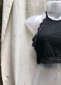 44156. Black Lace Trim Halter Top
