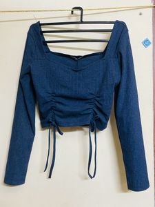 Navy Blue Ruched ribbed  Drawstring Top
