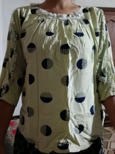 Stylish Cream and Blue Dot Top with Flower Design