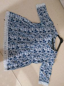 Printed Cotton Top with Lace Detailing