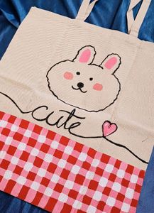 Kawaii Bunny Gingham Handpainted Totebag