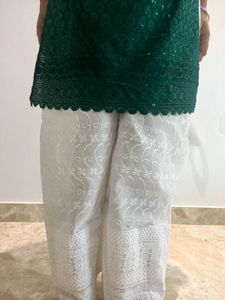 Teal Kurta and White Plazzo Chikankari Set