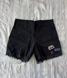 Black Denim Shorts with Patches