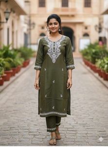 Olive Green Embroidered Kurta with bottom