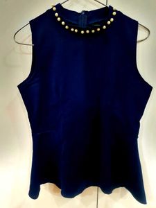 Navy Pearl Neck Top