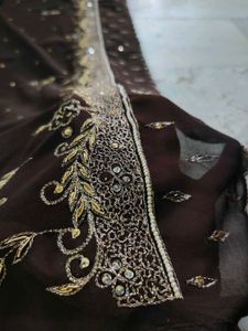 Aari  Zardozi Work Saree Dark Brown Sare