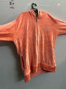 Coral Velour Zip-Up Hoodie
