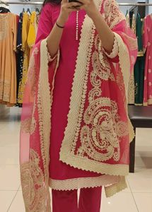 Elegant Pink Suit with Heavy Golden Lace Dupatta ✨