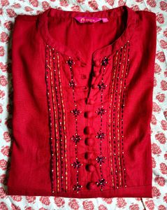 Iktara Maroon Red Thread &  Bead Embroidery Kurta