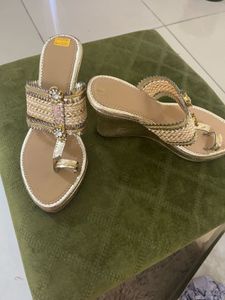 New Gold Wedge Bridal Heel Sandals With Sticker