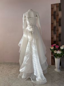 High low white organza-lace gown