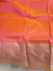 Orange Coral Pink Yellow Shade Lenin Silk Saree