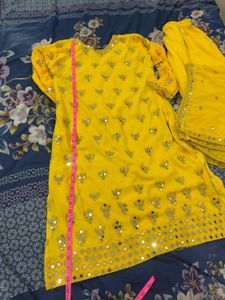 Yellow Mirror Work Kurta Pant Set