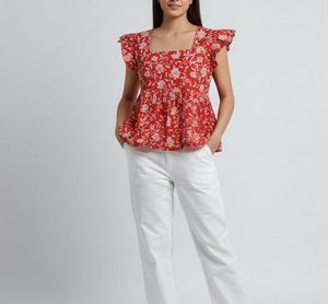Red Floral Ruffle Sleeve Top