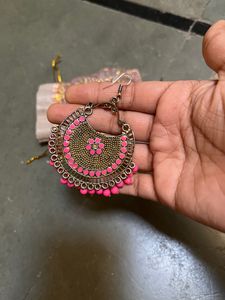 Pink Hoop Earrings And Oxidised Mirror Earrings
