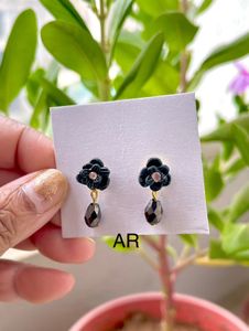 Black Stud With Stone Drop Earring