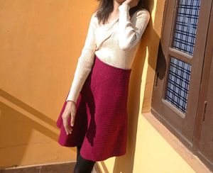 Burgundy A-Line Skirt And Cream Top For Winter