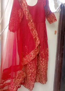 Burgundy &amp; Gold Embroidered Anarkali Dress