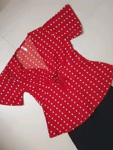 Combo Red Crop Top And Black Bell Bottom Jeans