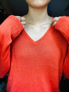 Orange V-Neck Knit Sweater