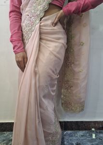 Organze Baby Pink Saree With Rani Blouse