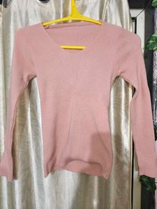 Peach Ribbed V-Neck Top