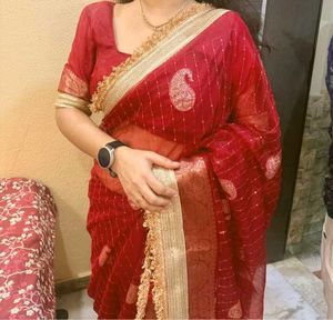 Red Saree zari border with sequence work