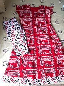 Red And White Polyester Kurta Pant Set