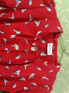 Red Bird Print Button-Down Dress