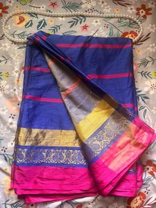 Blue &amp; Pink Pattu Saree