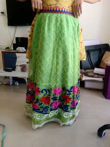 Green Floral Embroidered Skirt