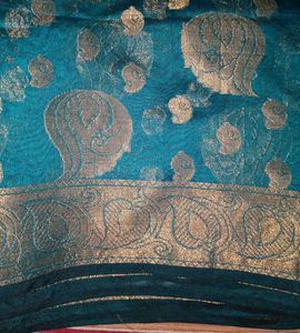 Teal &amp; Gold Brocade Saree