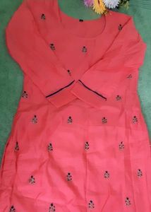 Coral &amp; Navy Embroidered Kurta Set