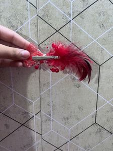 Red Beaded &amp; Feather Hair Clip
