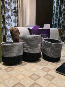 Set of 3 Gray & Black Woven Baskets