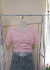 Pink Ruched Crop Top with Puffed sleeves🌷