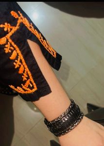 ADA BLACK &amp; ORANGE Embroidered Chikankari KURTA