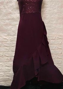 Flarry Maroon Spaghetti Gown With Embroidery