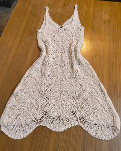 Cream Crochet CoverUp Mini Dress with a V-neckline