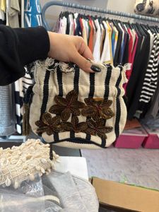 zara badic Striped Floral Pouch Bag