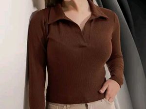 ribbed v neck top brown full sleeved