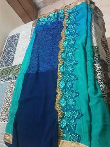 Elegant Teal Saree  Floral Details with stic