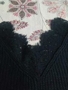 Black Lace Trim V-Neck Sweater