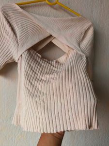 Classy Cream Ribbed Knit Cutout Crop Top