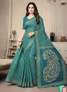 Green Cotton Printed Saree With Blouse & Peticoat