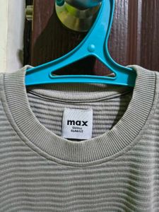 MAX Grey Self-Striped 100% Cotton T-Shirt