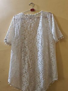 White Lace Shrug with Pom Poms