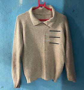 Beige Ribbed Knit Sweater