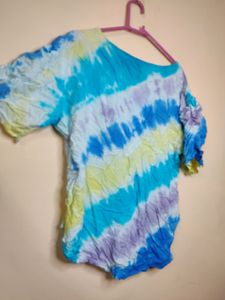 Tye Dye Print Rayon Top With Elastic Sleeves